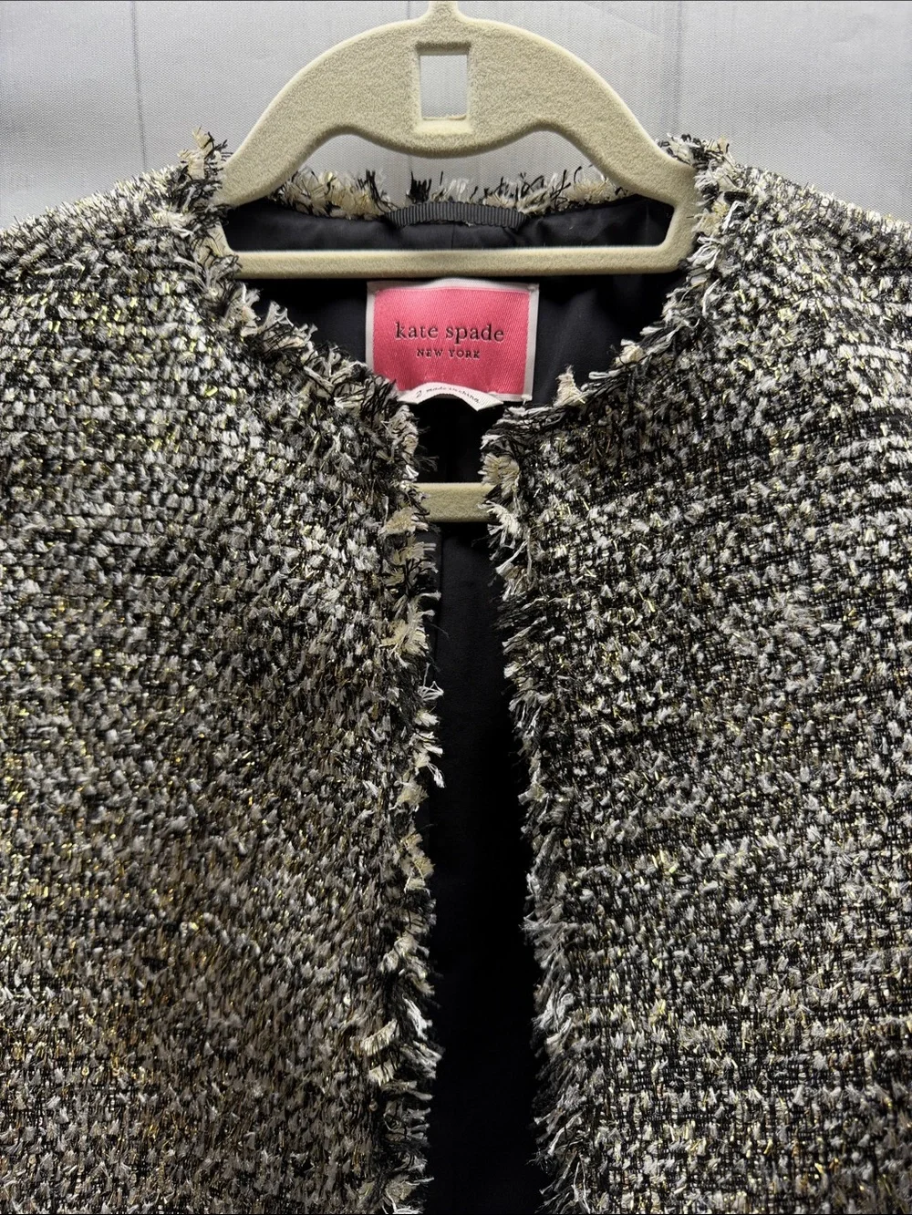 Kate Spade New York Metallic Sparkle Party Tweed Fringe Trim Open Front Jacket